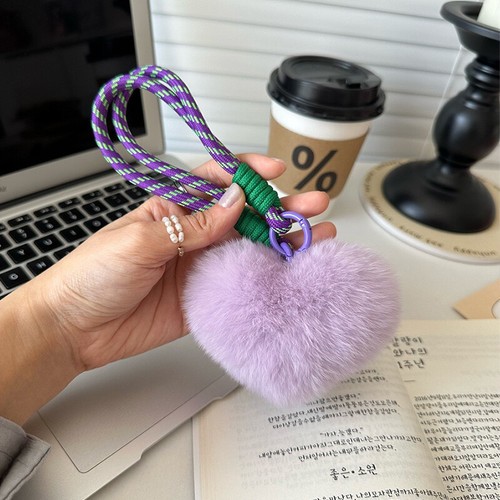 Plush Love Heart Shape PomPom Keychains Braided Bags Pendant Lanyard Keyrings - Picture 9 of 27
