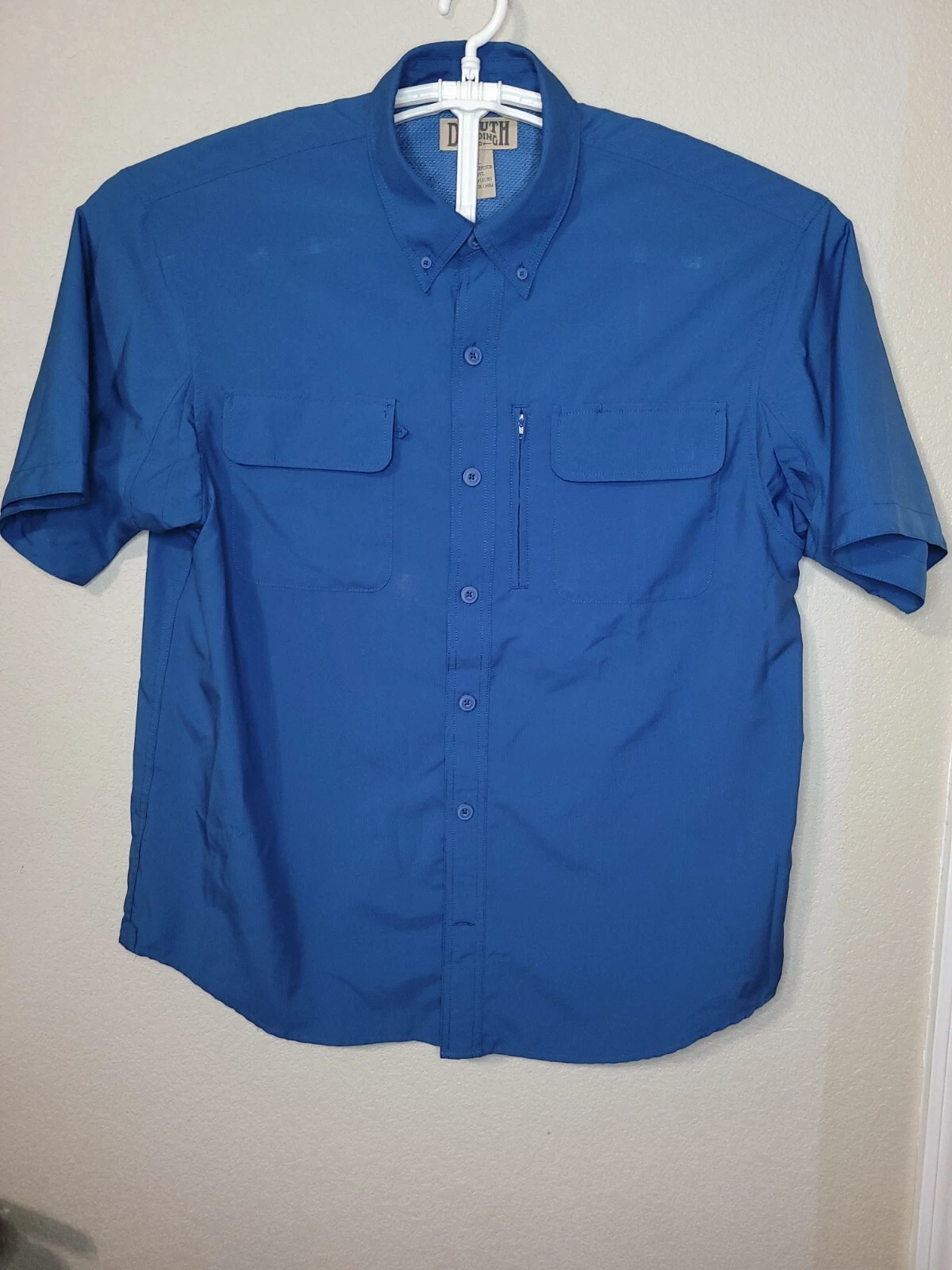 Duluth Cool Plus Men Large Short Sleeve Button Up Outdoor Blue Hiking Shirt L147