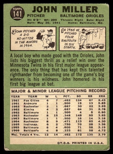 1967 Topps John Miller Baltimore Orioles #141 - Picture 2 of 2