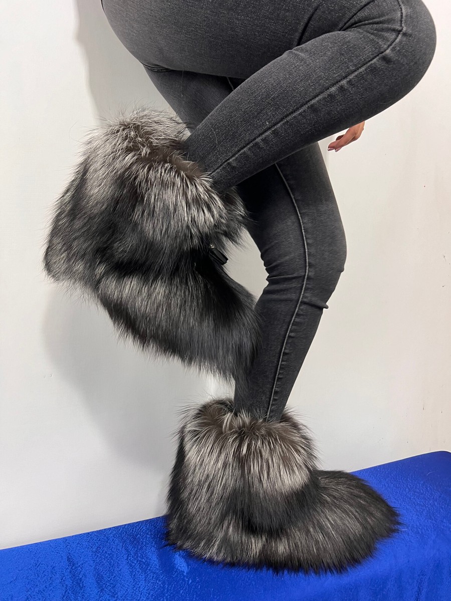 Silver-Black Fox Fur Boots Double Sided Fur Indoor and Outdoor 10