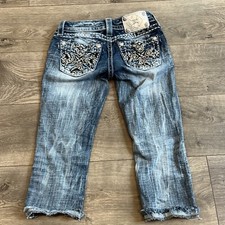Miss Me Jeans Size 24 Signature Cropped Fray Raw Hem Distressed Cross Chain Blue