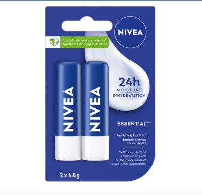 NIVEA 24h Moisture Essential Lip Care with Shea, 2 pack: 2 x 4.8g,  New/Sealed