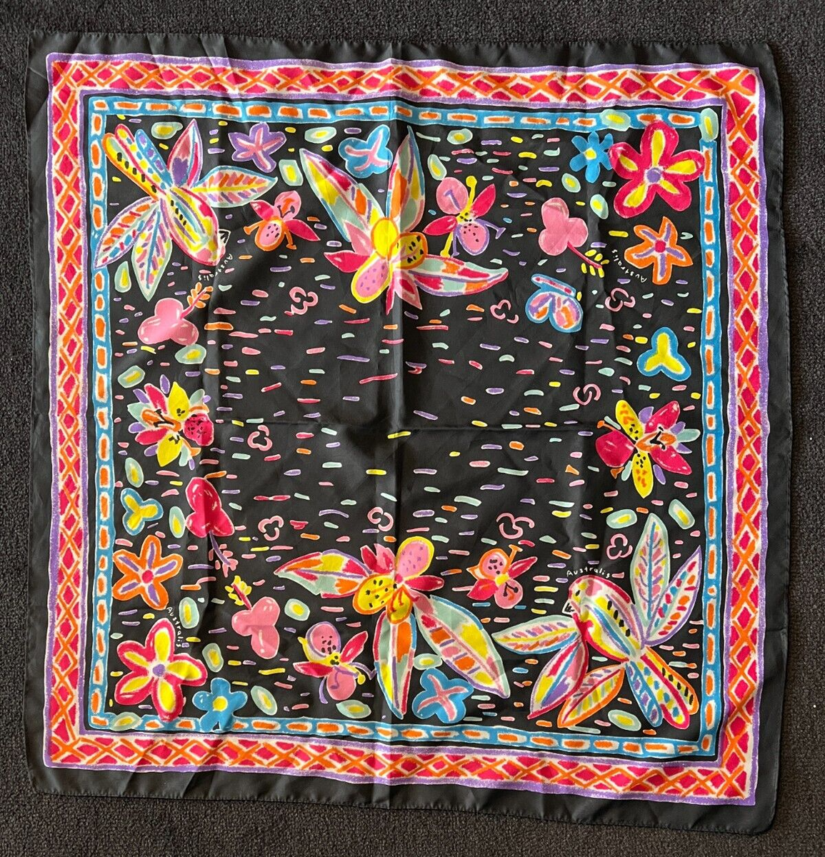 KEN DONE Vintage Black Australis Flower Scarf/Bandana 72 x