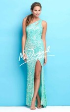 Mac Duggal 3389L Sequin Cutout One-Shoulder Gown Crystal  Sz 2 Crystal Mint