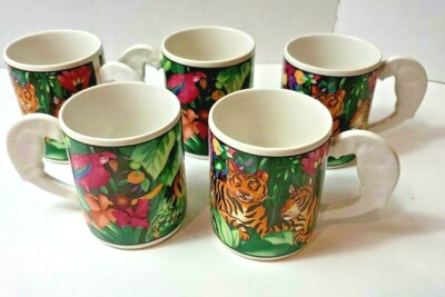 Vintage Vitromaster 1993 Rain Forest Coffee Mug Designed by Sue Zipkin set of 5