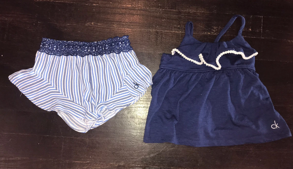 Toddler Girls Calvin Klein Outfit 3T Tank Top Shirt Flounce Short Navy Nautical