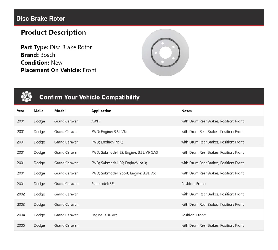 Rotor de freno de disco delantero para Dodge Grand Caravan Bosch QuietCast 2001-2005 2002 Foto 2 de 4