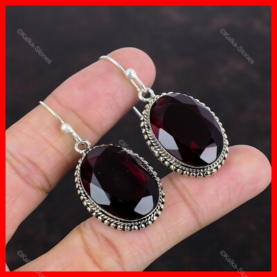 925 Sterling Silver Mozambique Garnet Gemstone Vintage Dangle Earrings Jewelry