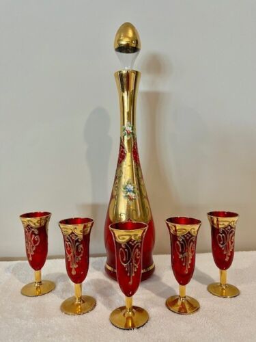 Murano Glass Decanter & 5 Glass Set - 24K Gold - Enamel Flowers - Cranberry Red - Picture 4 of 24
