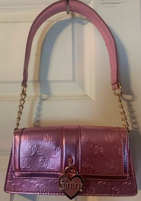 Juicy Couture Metallic Pink Logo Shoulder Bag Heart Charm Snap Lined Gold