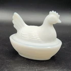 Vintage 4" White Opaque Milk Glass Hen on a Nest Basket Small Chicken Candy Dish
