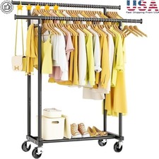 Double Rod Rolling Clothes Rack W/ Wheels Adjustable Garment Storage Organizer