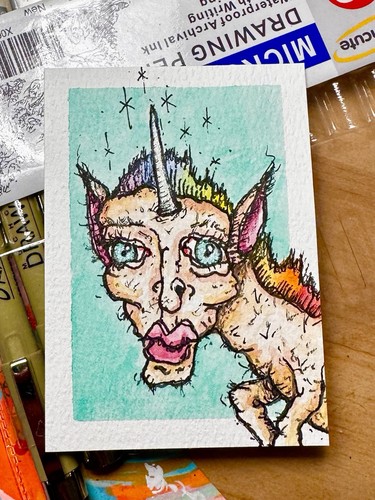 ACEO Art Card Original Mixed 2.5in x 3.5in MagicMolly11  "Turd Furgison" Unicorn