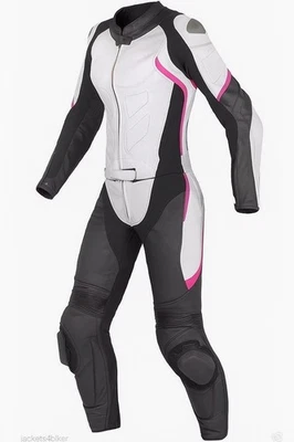 Damen Motorrad Lederkombi 2-Teiler Racing Anzug Lederjacke ROSA/WEISS/SCHWARZ - Bild 1 von 4