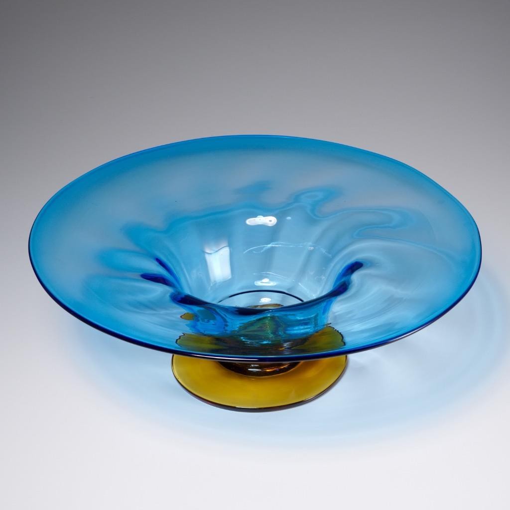 Vintage Richard Blenko Signed Blue Amber Art Glass Centerpiece Bowl Dated 2001