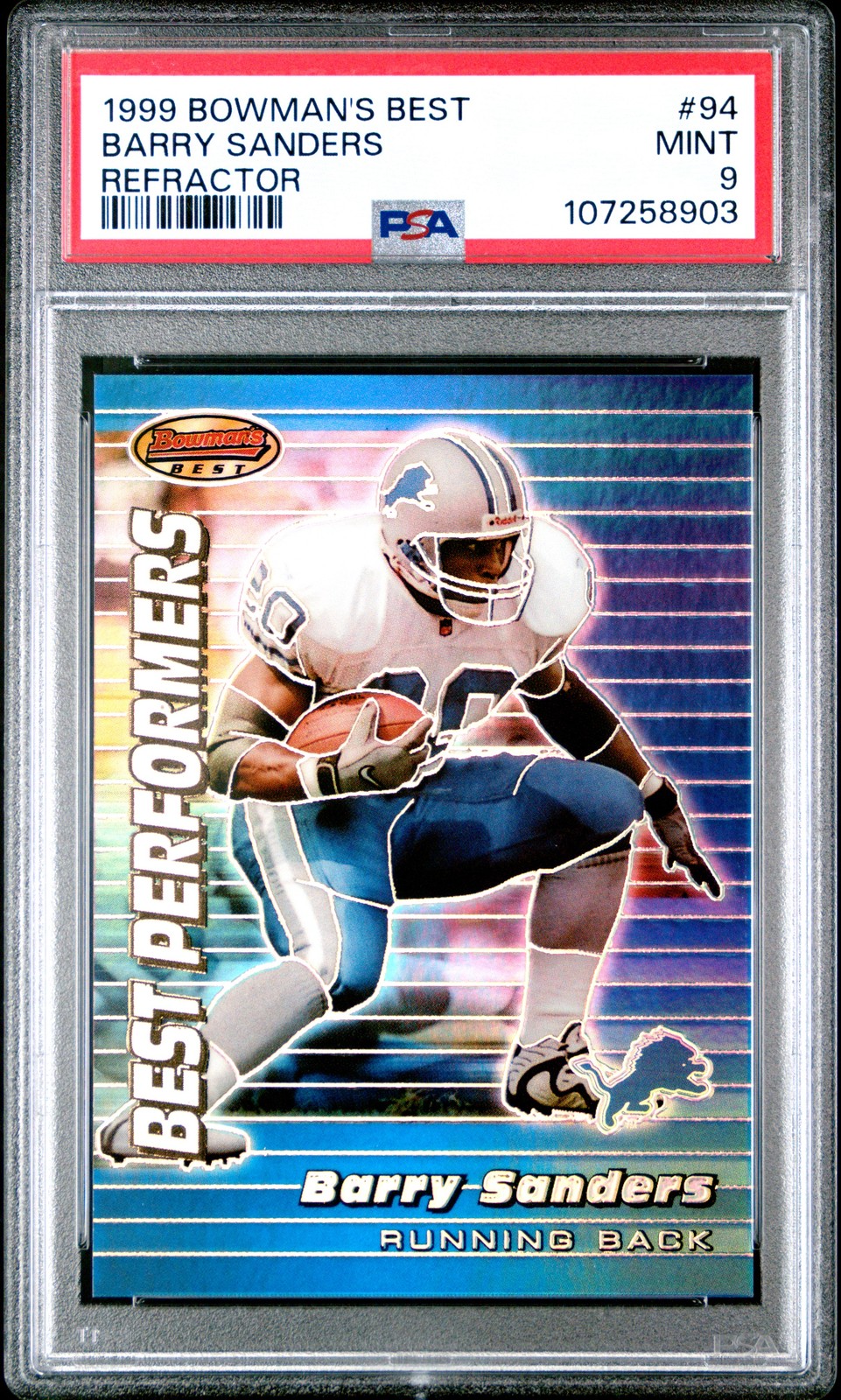 1999 BOWMAN'S BEST REFRACTOR #94 BARRY SANDERS 77/400 PSA 9