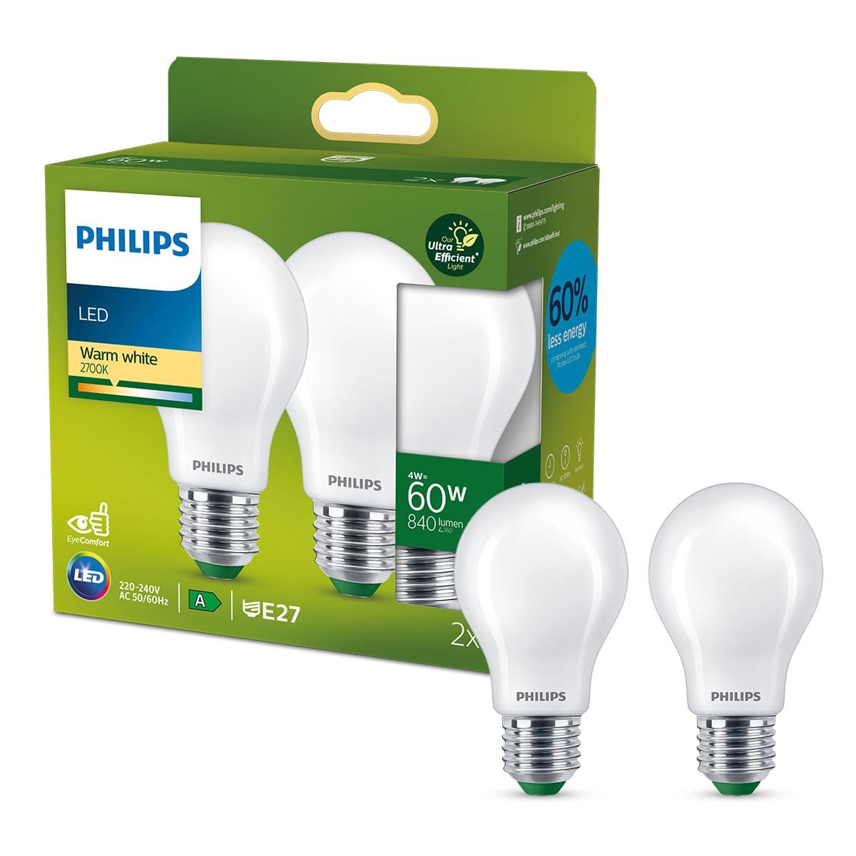 PHILIPS Ultra Efficient - Ultra Energy Saving Lights, LED Light Source, 60W, E27, A60, Frosted Glass, Warm White Light, 2700 Kelvin, Non dimmable, 2-Pack - Image 2