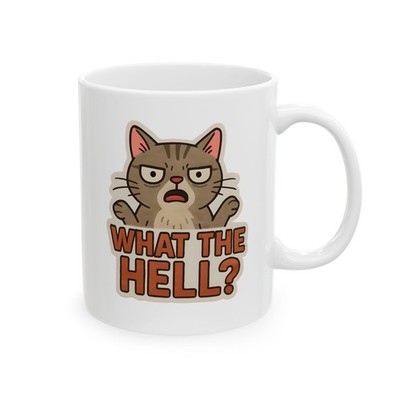 Grumpy Cat Illustration Mug | ''What the Hell?'' Cat Face Ceramic Mug