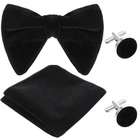 Black Bowties - Velvet Bow Tie with Pocket Square Cufflinks Set - Solid Pre