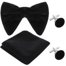 Black Bowties - Velvet Bow Tie with Pocket Square Cufflinks Set - Solid Pre