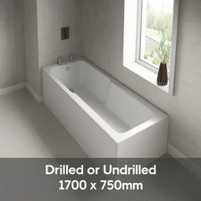 1700 x 750mm T-Shape Shower Bath with Legs – Drilled or Undrilled Tap Holes