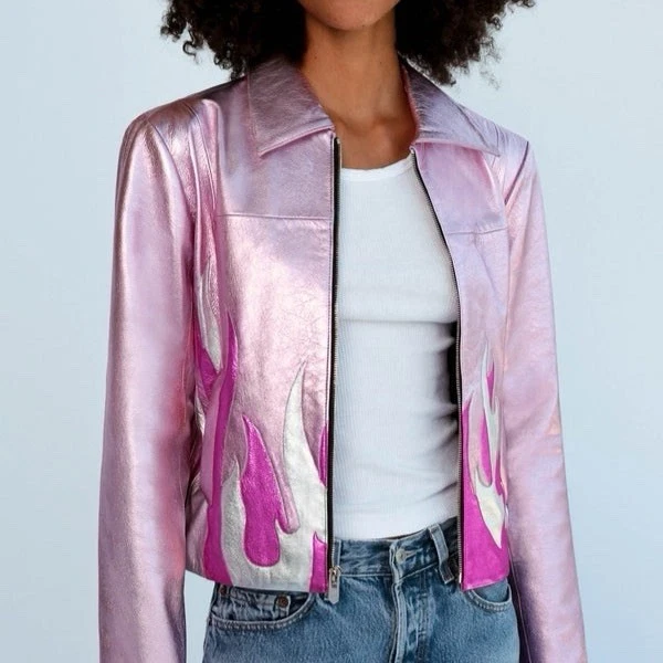 Women’s Pink Metallic Foil Fire Effect Motorcycle Biker Genuine Leather Jacket - Image 3 of 4