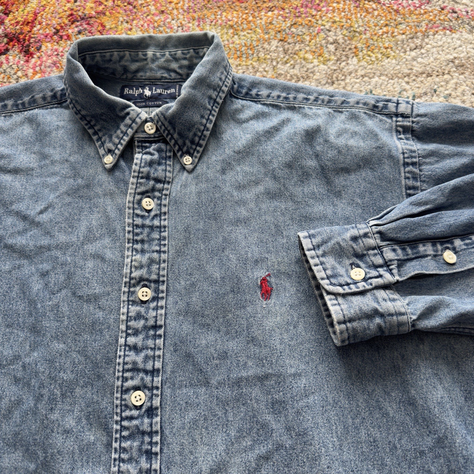 Vintage Polo Ralph Lauren Big Shirt Denim Button Up Mens Large Starched Blue 90s