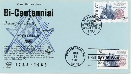1983 US Sweden Treaty of Amity Joint FDC # 2036 & Sweden # 1453 Masonic Mahdeen