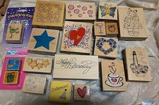Lot Of Rubber Wood Mount Stamps Mixed Hearts Stars Lighthouse Frog Birthday