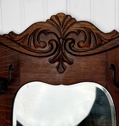 Antique Large Victorian Oak Entryway Wall Mirror w/ Hat Hooks - Picture 8 of 12