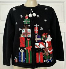 Vintage Tiara Christmas Cardigan Sweater Full Zip Santa Claus Womens Size Medium