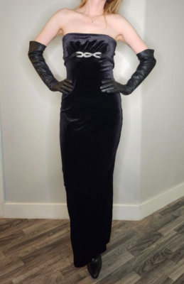 chinese dress ladies Black Velvet Strapless High Slit Sheath With Train Formal Dresses, CP1051 main image 1