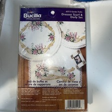 Bucilla Stamped Cross Stitch Dresser Scarf Doily Set 65513 Garden Trellis