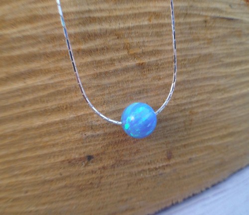 4MM Tiny Round Bead Opal Necklace Sterling Silver Chain Light Blue Ball Pendant - Picture 5 of 5