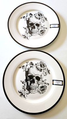 Lot Of 2 Ciroa Wicked Dinner Plates Skull Black White Roses NEW WITH TAG