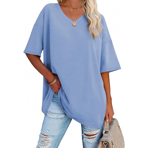 UK Womens V Neck Blouse Summer Casual Baggy Loose T Shirt Tee Tops Tee Plus Size - Picture 11 of 40