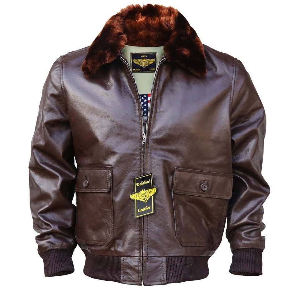 Men WWII Navy G-1 Genuine Leather Flight Bomber Jacket With Warm