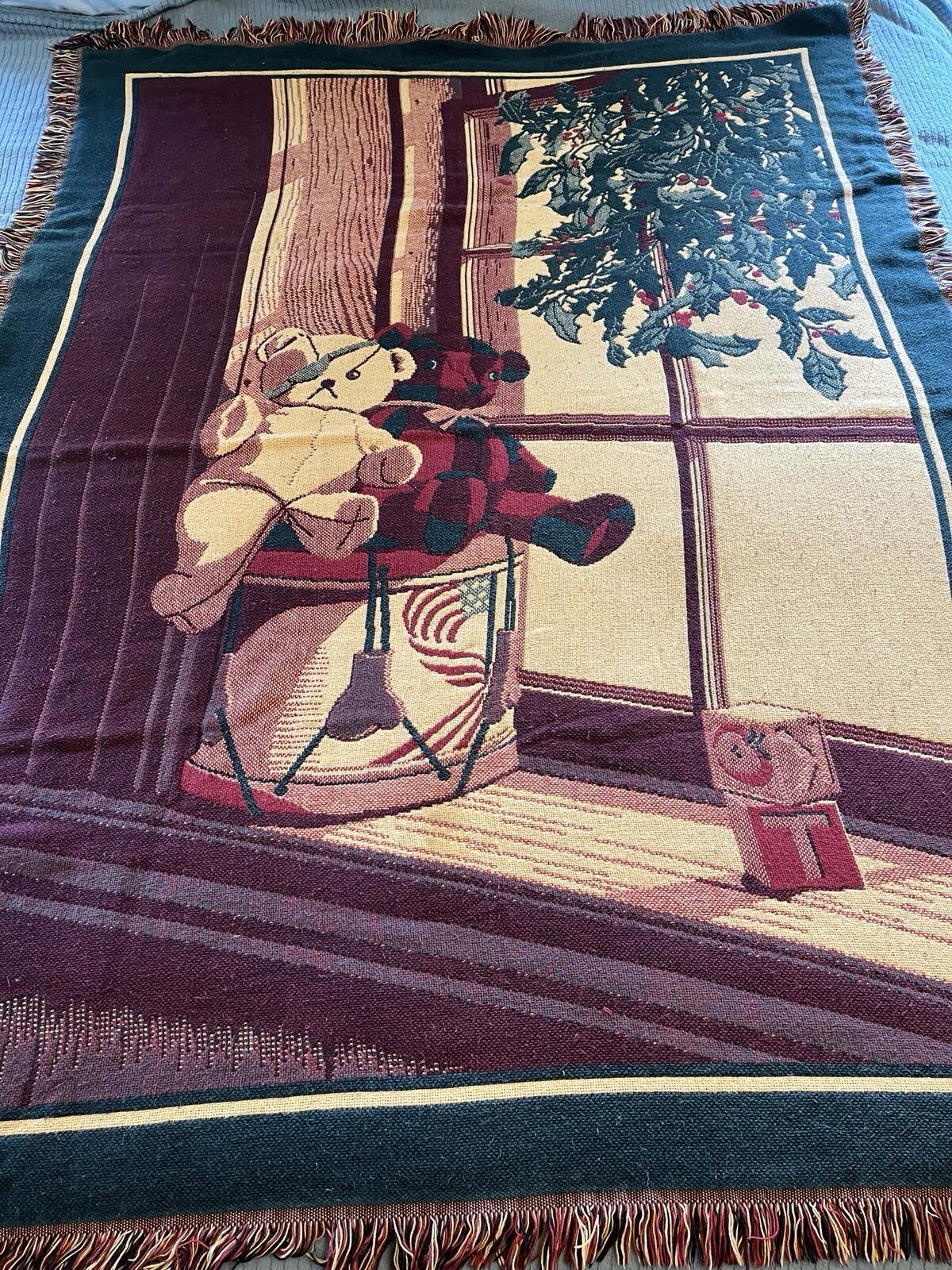 Woven Afghan Throw Blanket Christmas Teddy Bears Fringes 52x69 Bob Timberlake