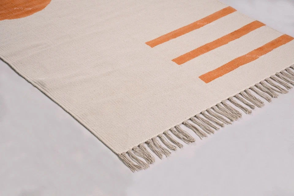 Orange Cotton Area Rug, Boho Accent Modern Cotton Dhurrie Handmade Rug, Door Mat - Image 4 of 4