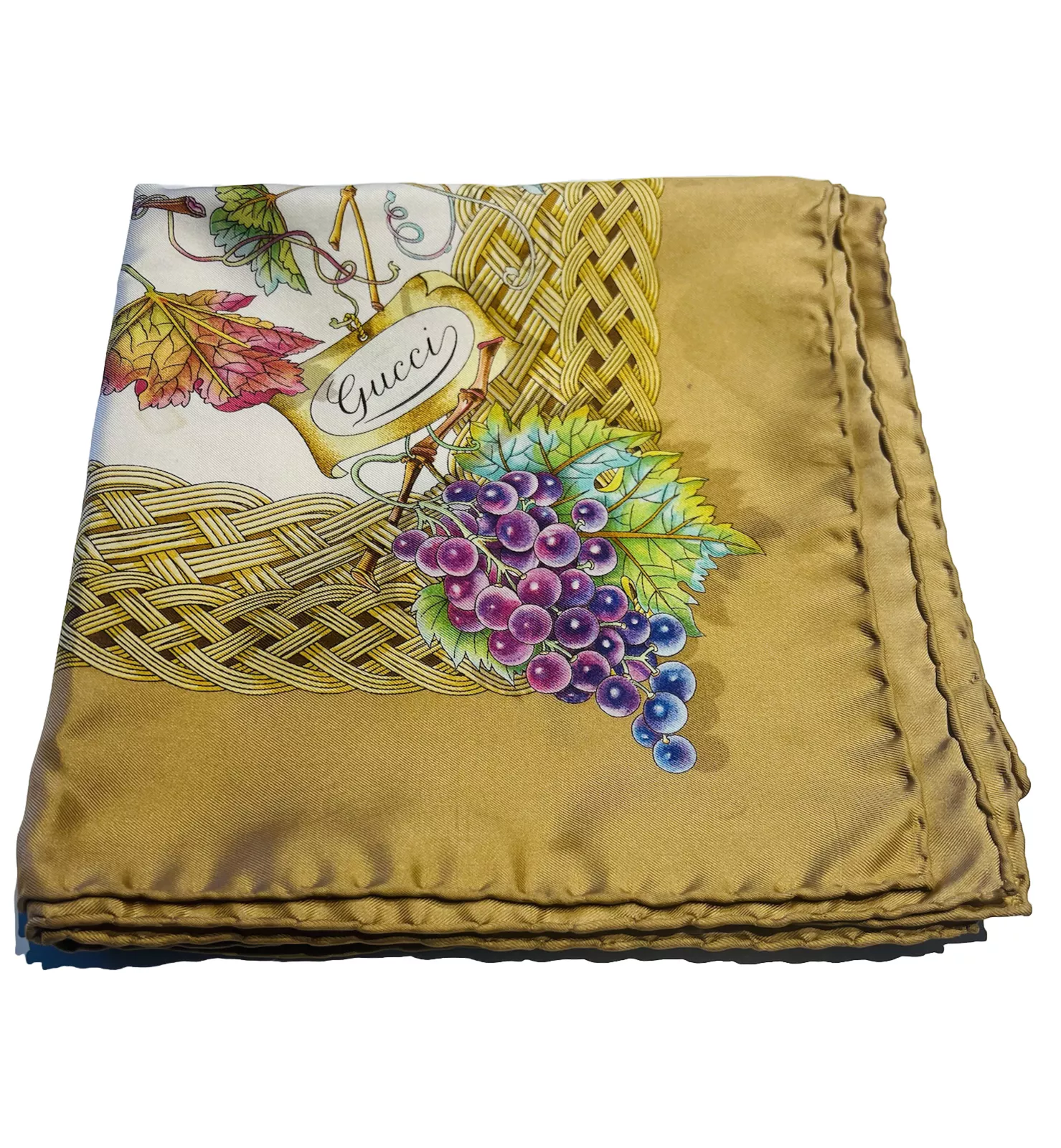 Écharpe vintage Gucci marron 100 % feuille de raisin soie style automne