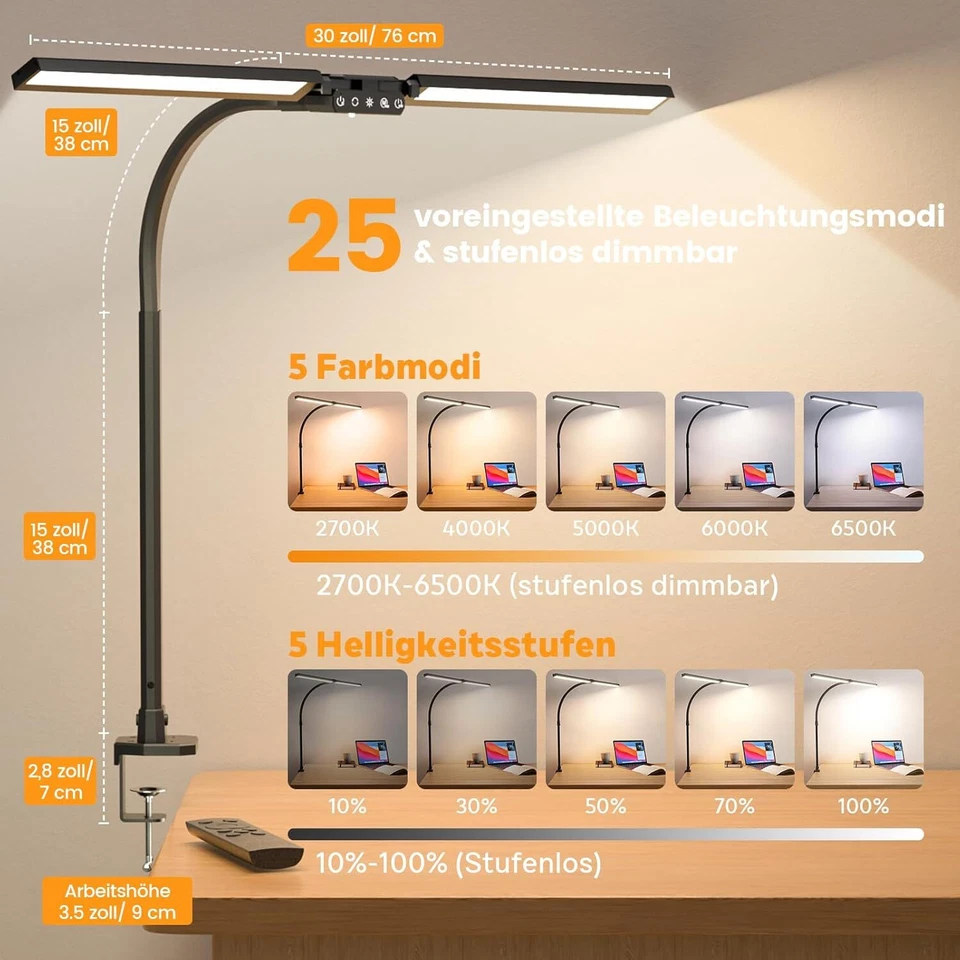 RGB Doppelkopf Schreibtischlampe LED Dimmbar 22W 80cm Klemmbare Tageslichtlampe  - Bild 4 von 4