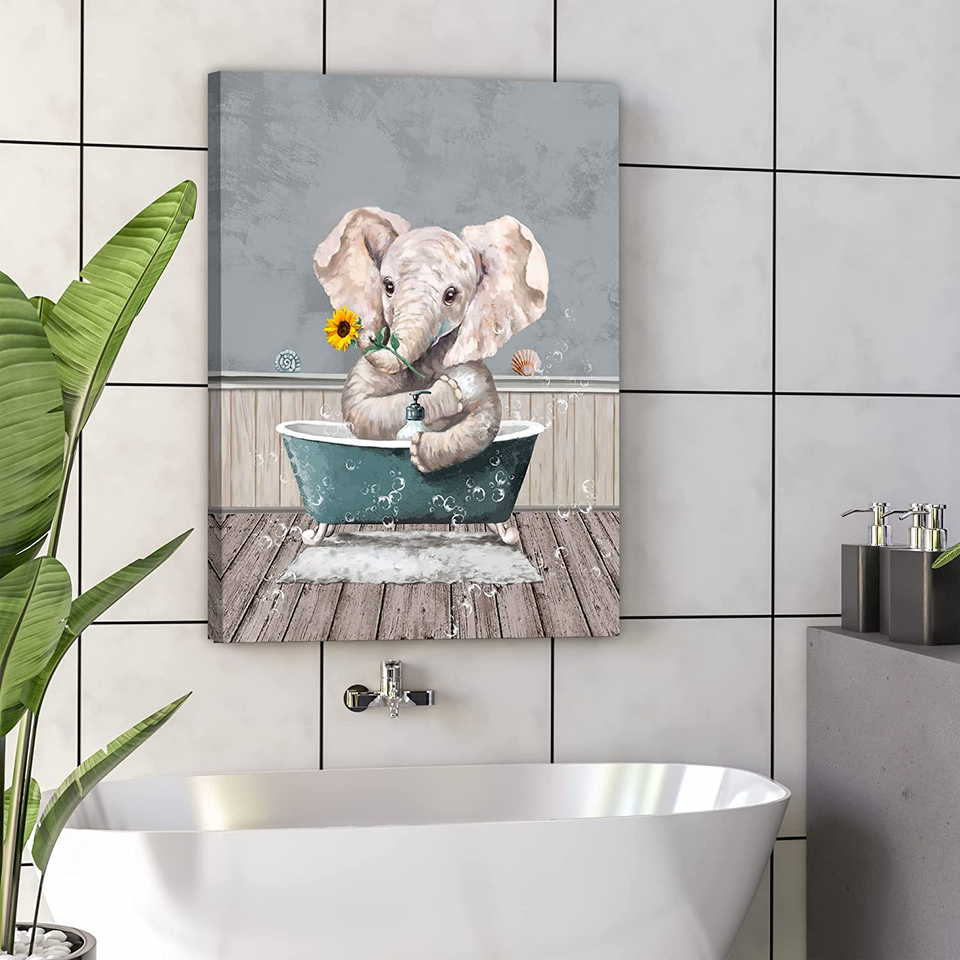 Funny Sunflower Elephant Bathroom Decor, Cute Elephant in Bathtub Wall