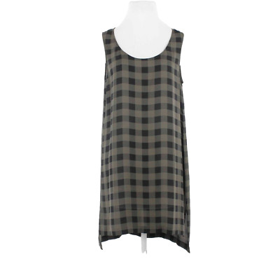Eileen Fisher Sz S Olive Black Checks Hi Lo Split Sides 100% Silk Dress