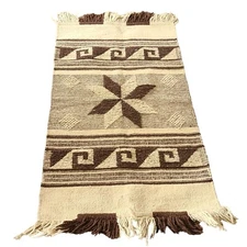 Woven Wool Accent Rug 70s Star Vintage Southwestern 28 X 44 Brown Cabin Lodge