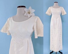 Vintage 1960s Empire Waist Satin and Lace Wedding Dress, 60s Ivory Wedding Gown