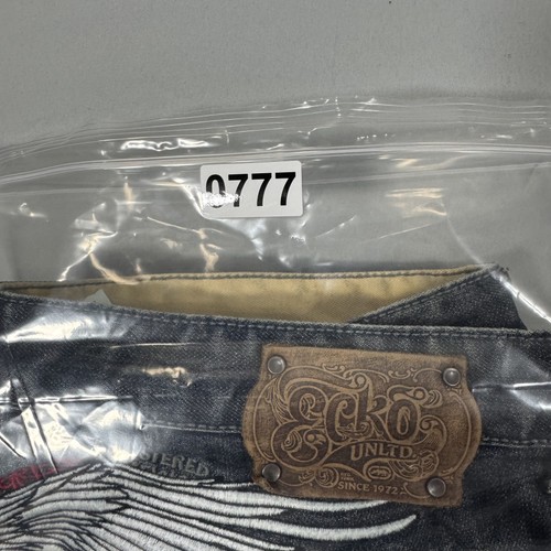 Ecko Unltd Jeans Herren 38x32 blau gerades Bein bestickt Totenkopf Flügel Denim - Bild 11 von 11