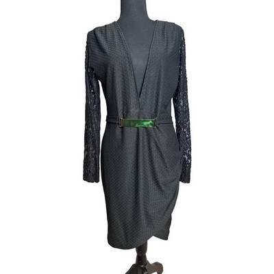 Vintage Black Cocktail Dress Plunge V Neck Lace Sleeves Gold Metal Accent |  eBay