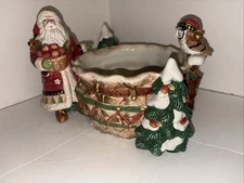 Fitz & Floyd CHRISTMAS LODGE Ceramic Tidbit Serving Bowl/Dish, Santa, Owl, Trees