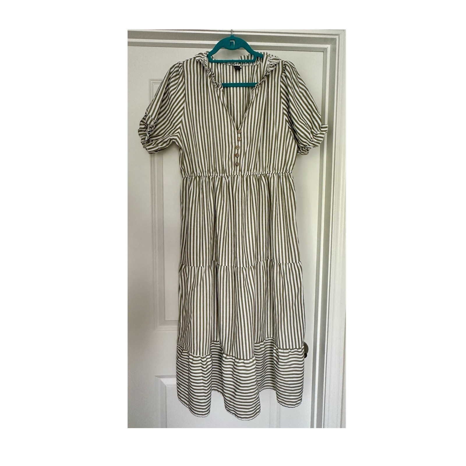 Seasty A-Line Dress (XL) Striped Puff Short Sleeve Button Ruffle Long V-Neck
