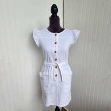 Copper Key Dress Girls White Ruffle Sleeveless Button Front Tie Belt Stretch XL